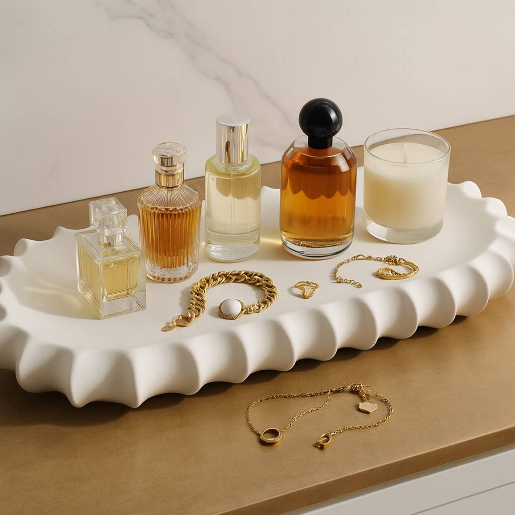 Decorative Tray - White Ceramic Scalloped Edge, 18 in.