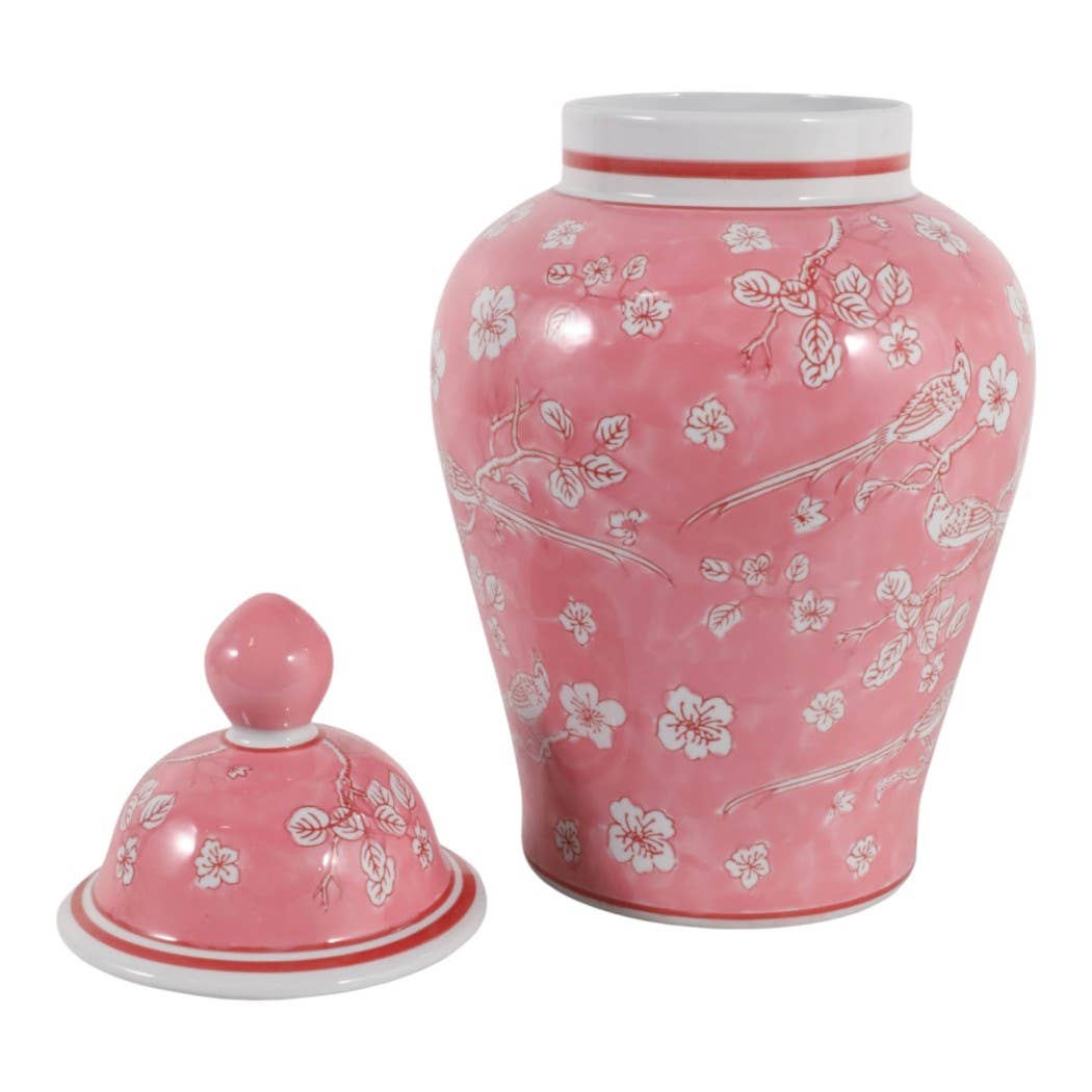Decorative Jar - Pink/White Ceramic Floral Chinoiserie, 18 in.