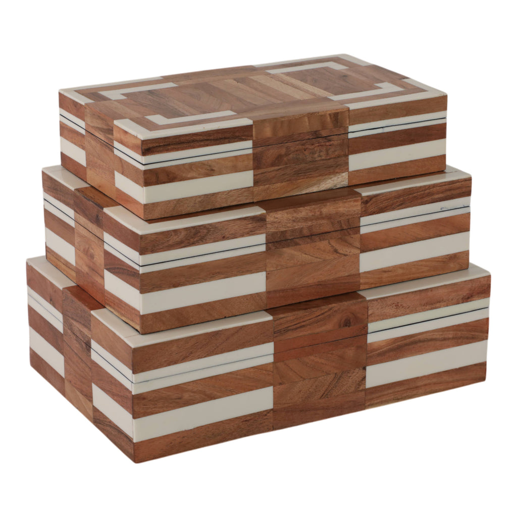 Decorative Boxes Set of 3 - Ivory Wooden Inlay, 10/11/12 in.
