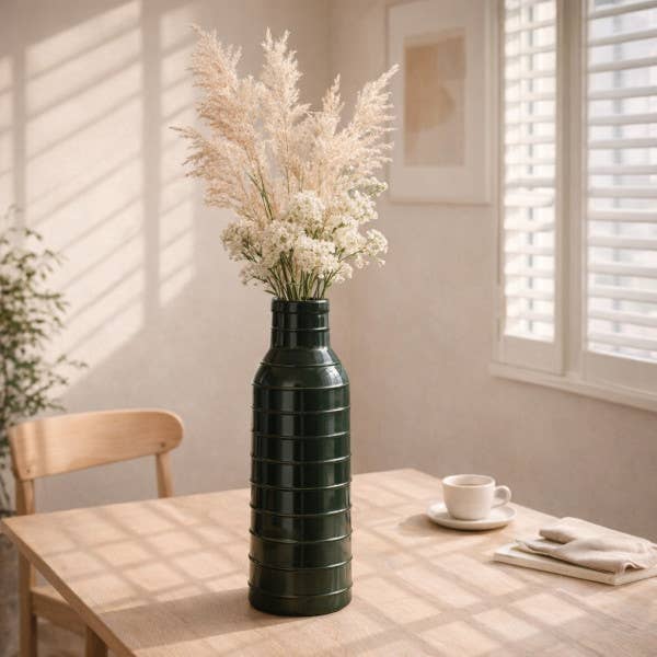 Forest Green Vertically Ribbed Ceramic Vase, 20 in.