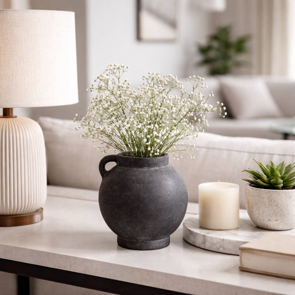 Decorative Vase - Black Ceramic Bulbous with Handle Jug, 7 in.