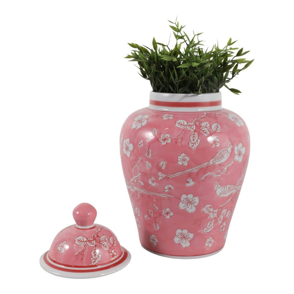 Decorative Jar - Pink/White Ceramic Floral Chinoiserie, 14 in.