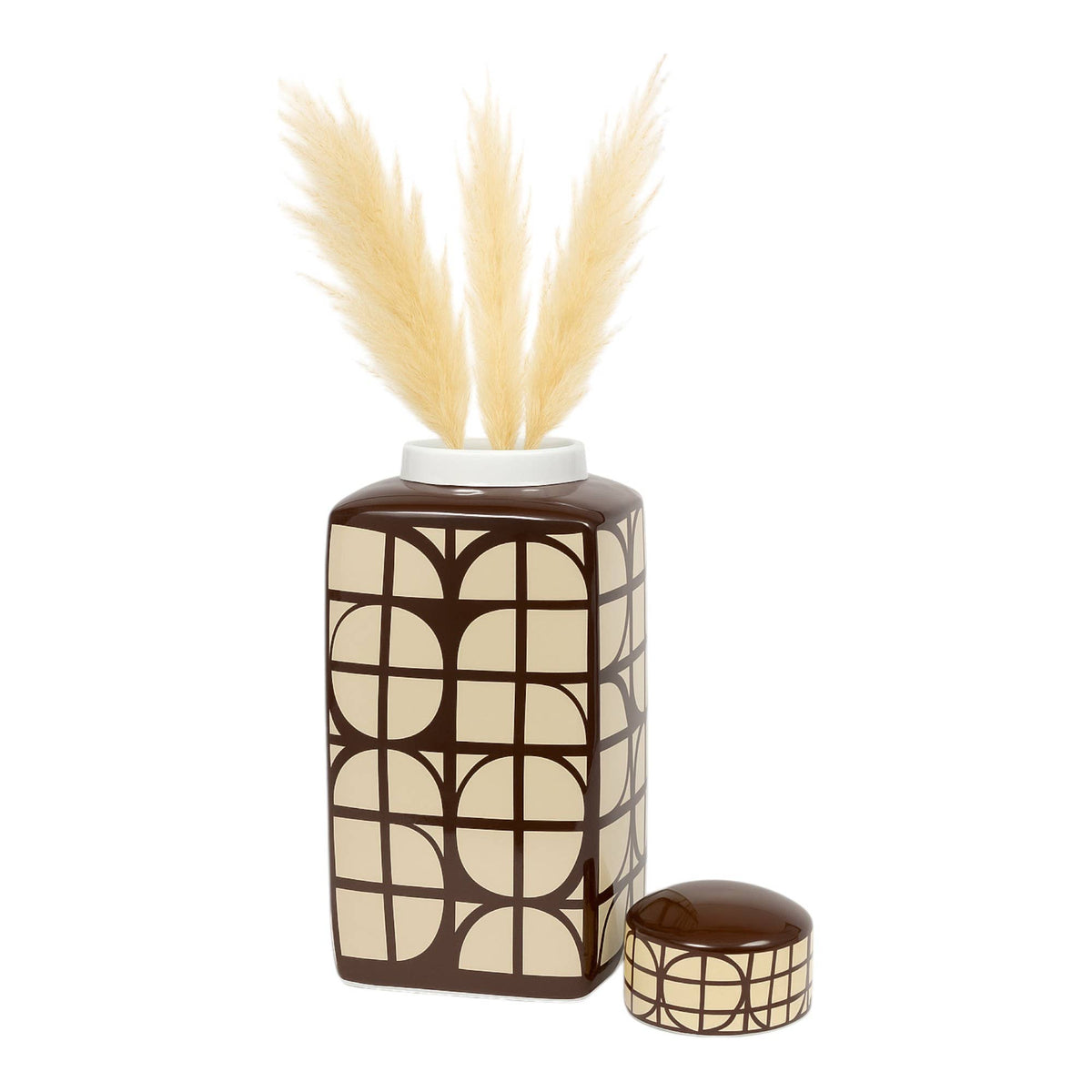 Brown Square Ceramic Decorative Jar with Lid, 18 in.