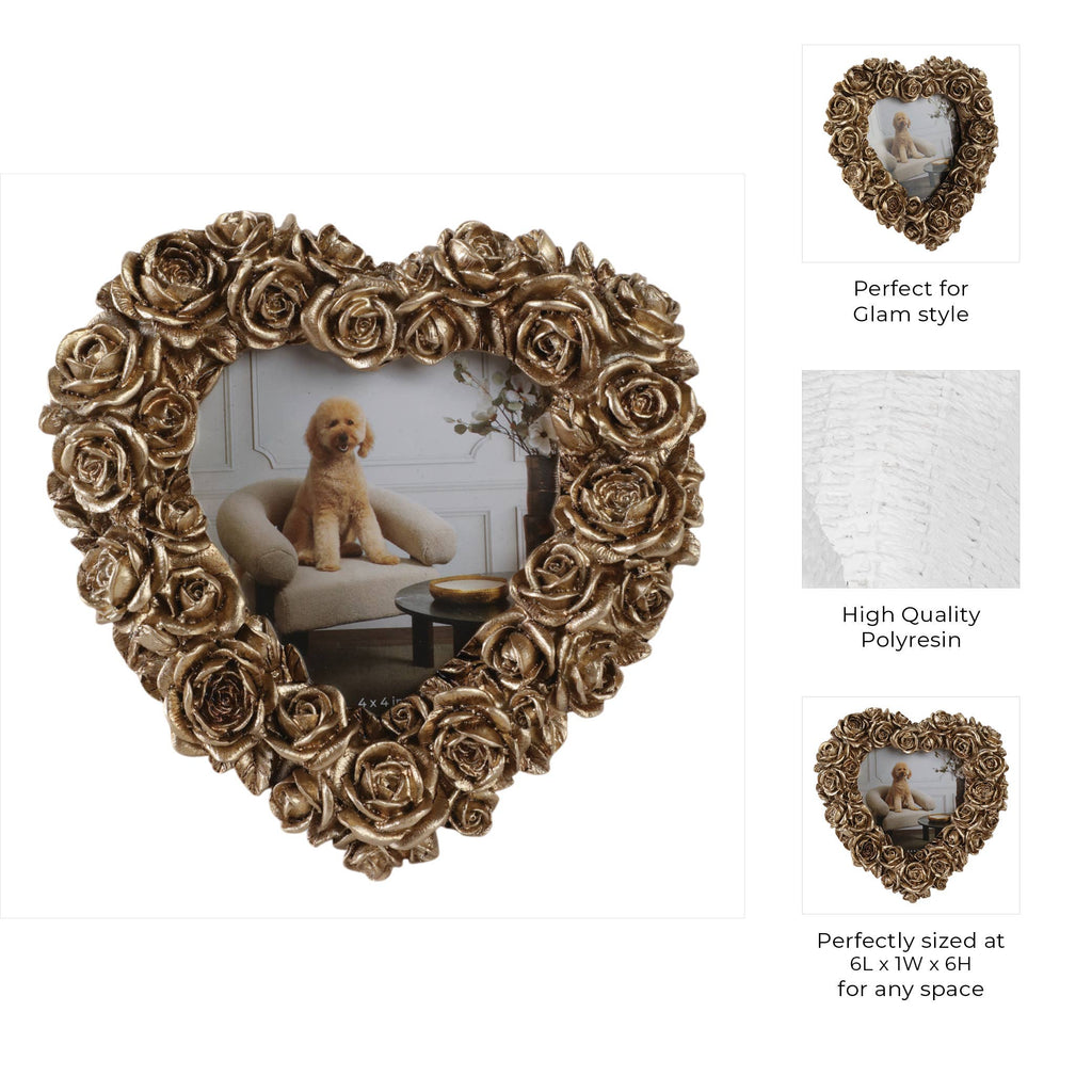 Photo Frame - Gold Polyresin Rosette Heart, 4x4 in.