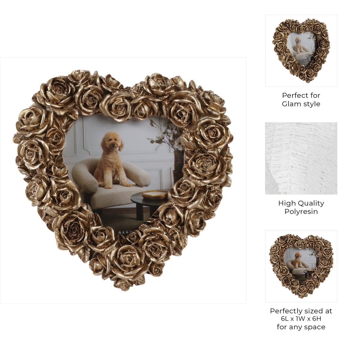 Photo Frame - Gold Polyresin Rosette Heart, 4x4 in.