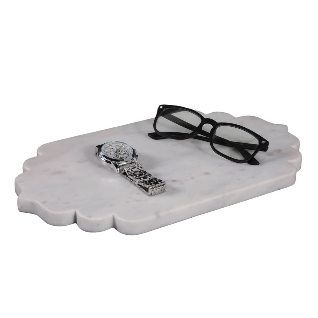 Decorative Tray - White Marble Oval Scallop Edge, 14 in.