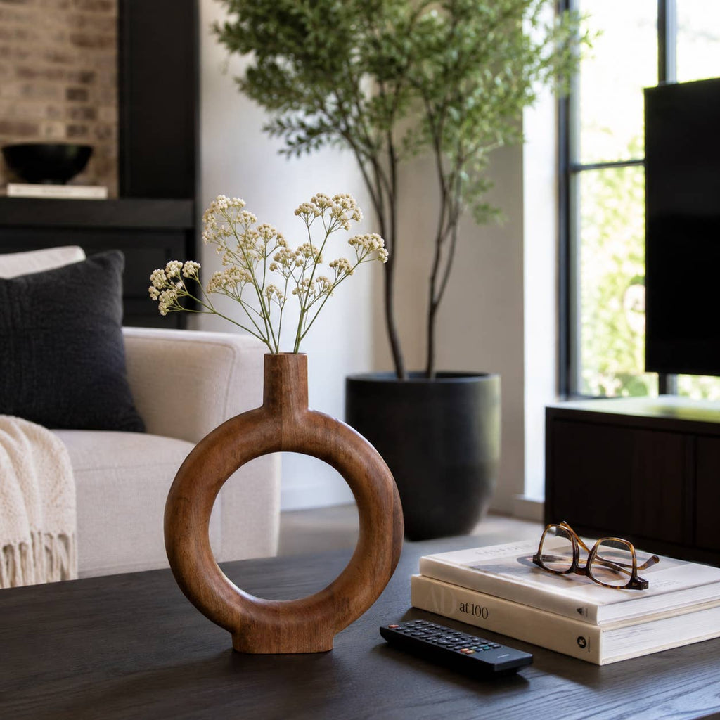 Brown Wood Donut Vase, 14 in.