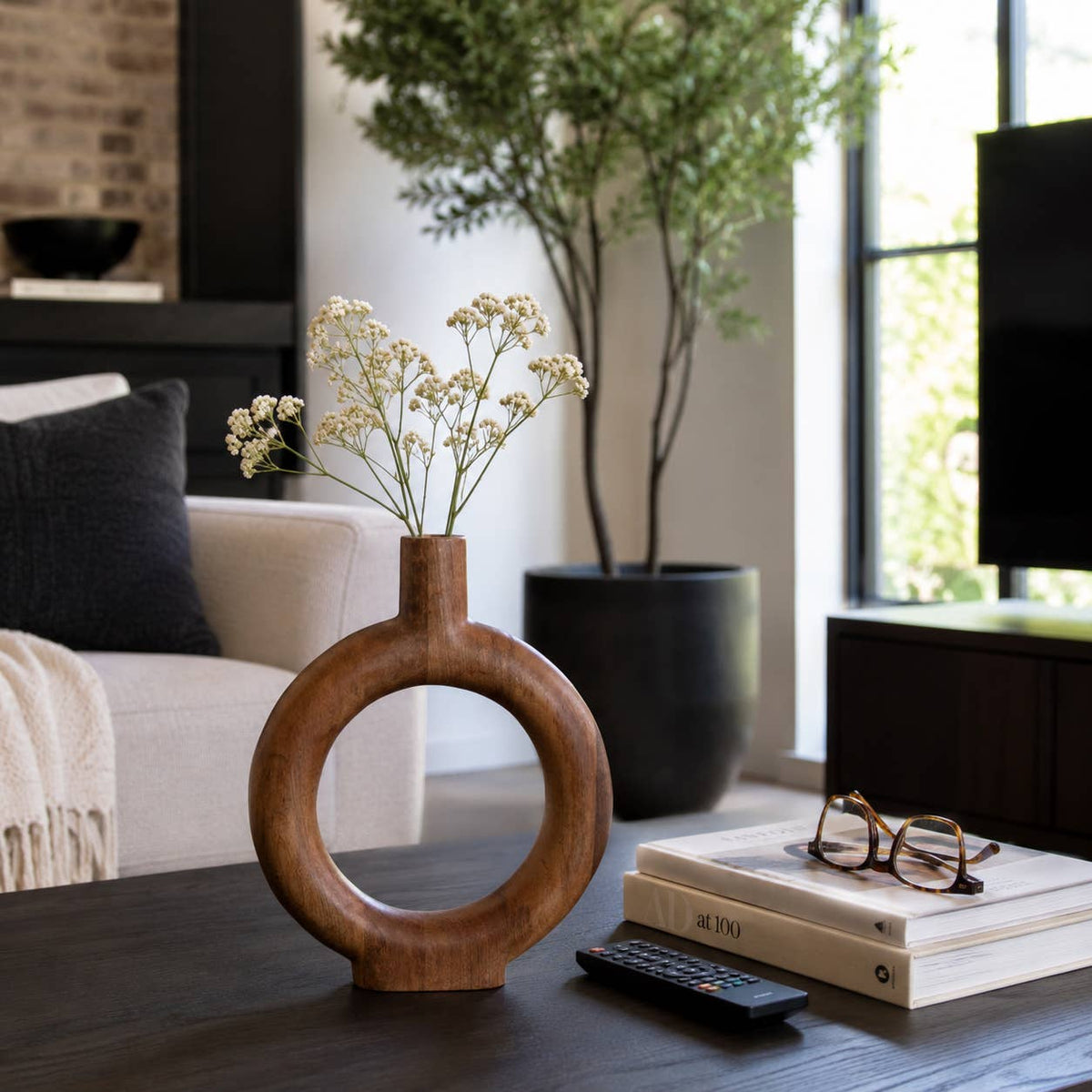 Brown Wood Donut Vase, 14 in.
