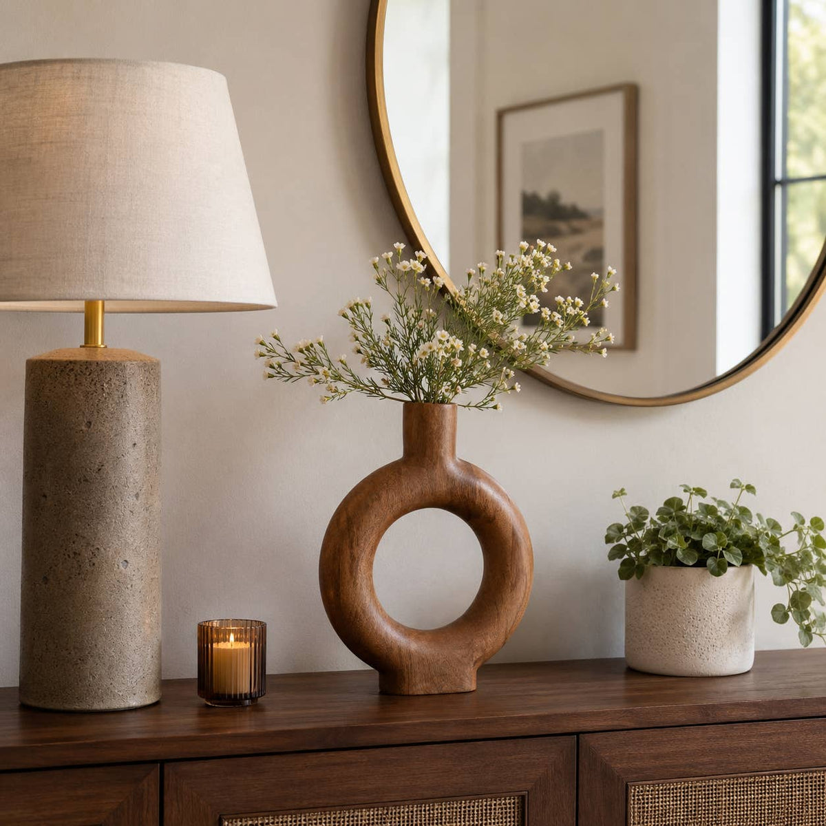 Decorative Vase - Brown Wood Circular Donut Cut-Out, 12 in.