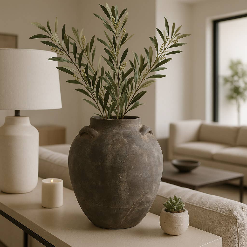 Decorative Vase - Grey Terracotta Jar with Multi Handles, 15 in.