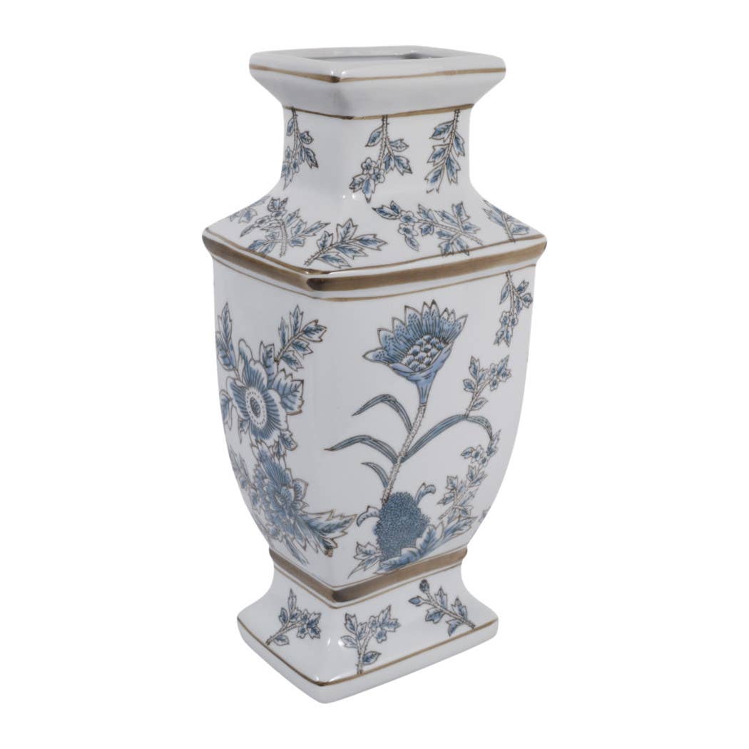 Blue and Brown Floral Chinoiserie Ceramic Vase, 15 in.