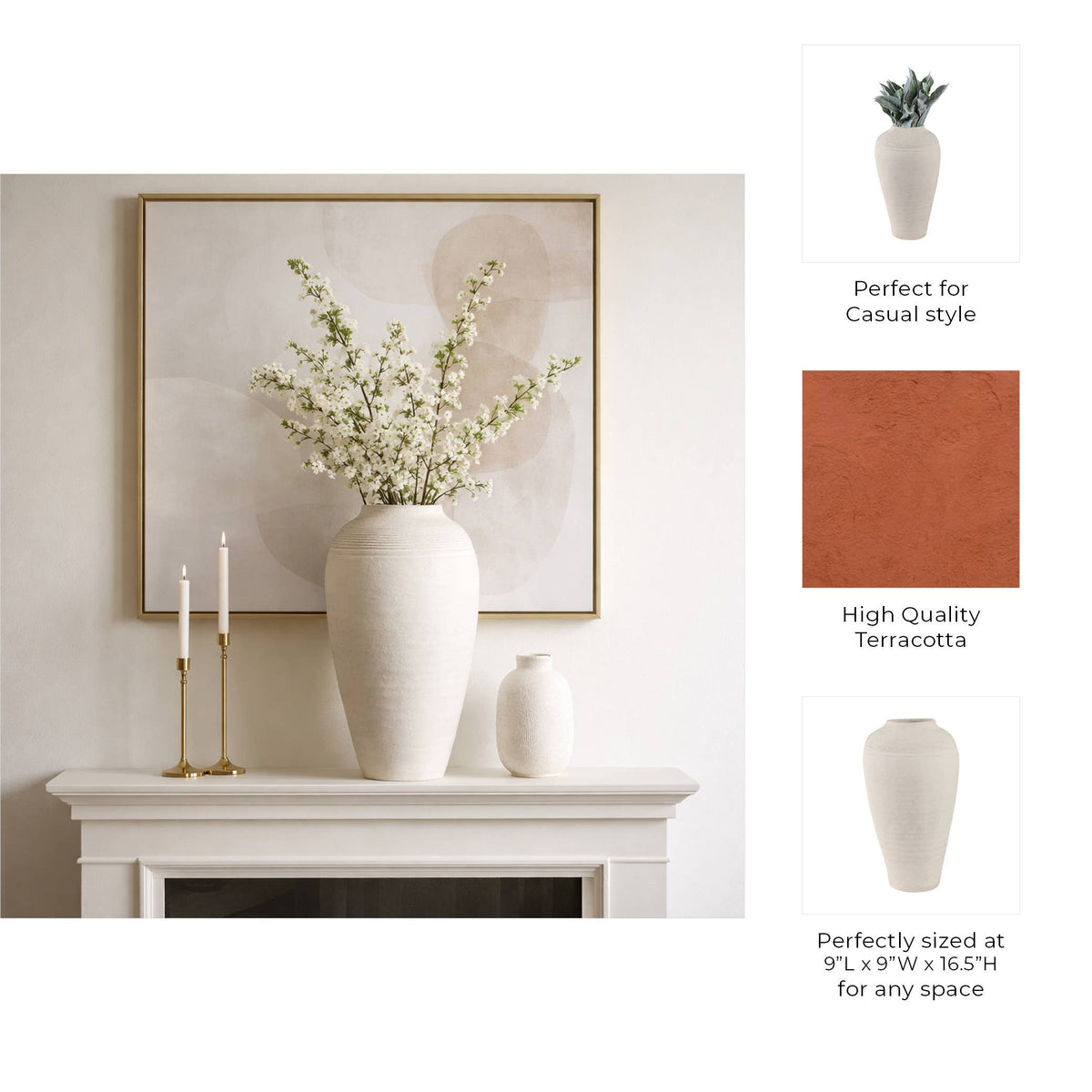 Ivory Ribbed Terracotta Floor Vase, 16 in.