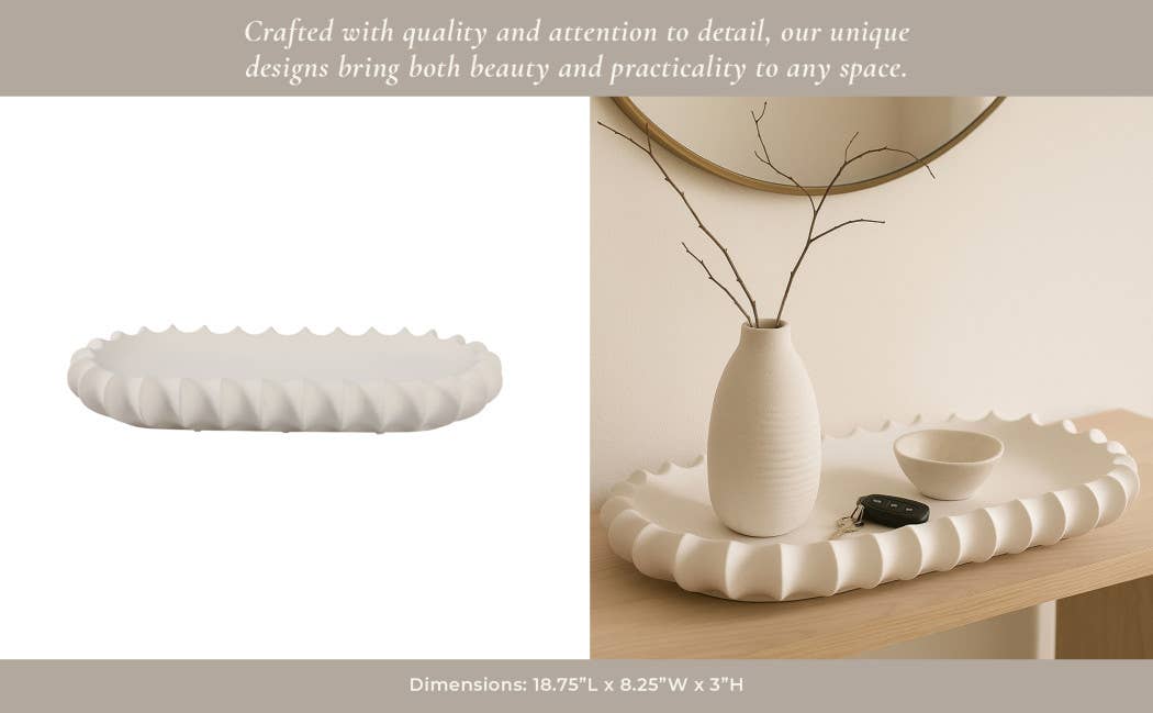 Decorative Tray - White Ceramic Scalloped Edge, 18 in.