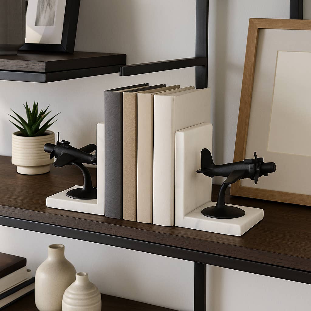 Bookends Set of 2 - Black/White Airplane on Marble, 6 in.
