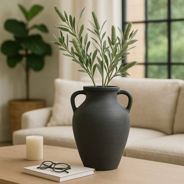 Decorative Vase - Black Terracotta with Handles, 13 in.