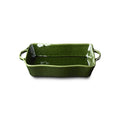 Green rectangular ceramic baking dish on a white background