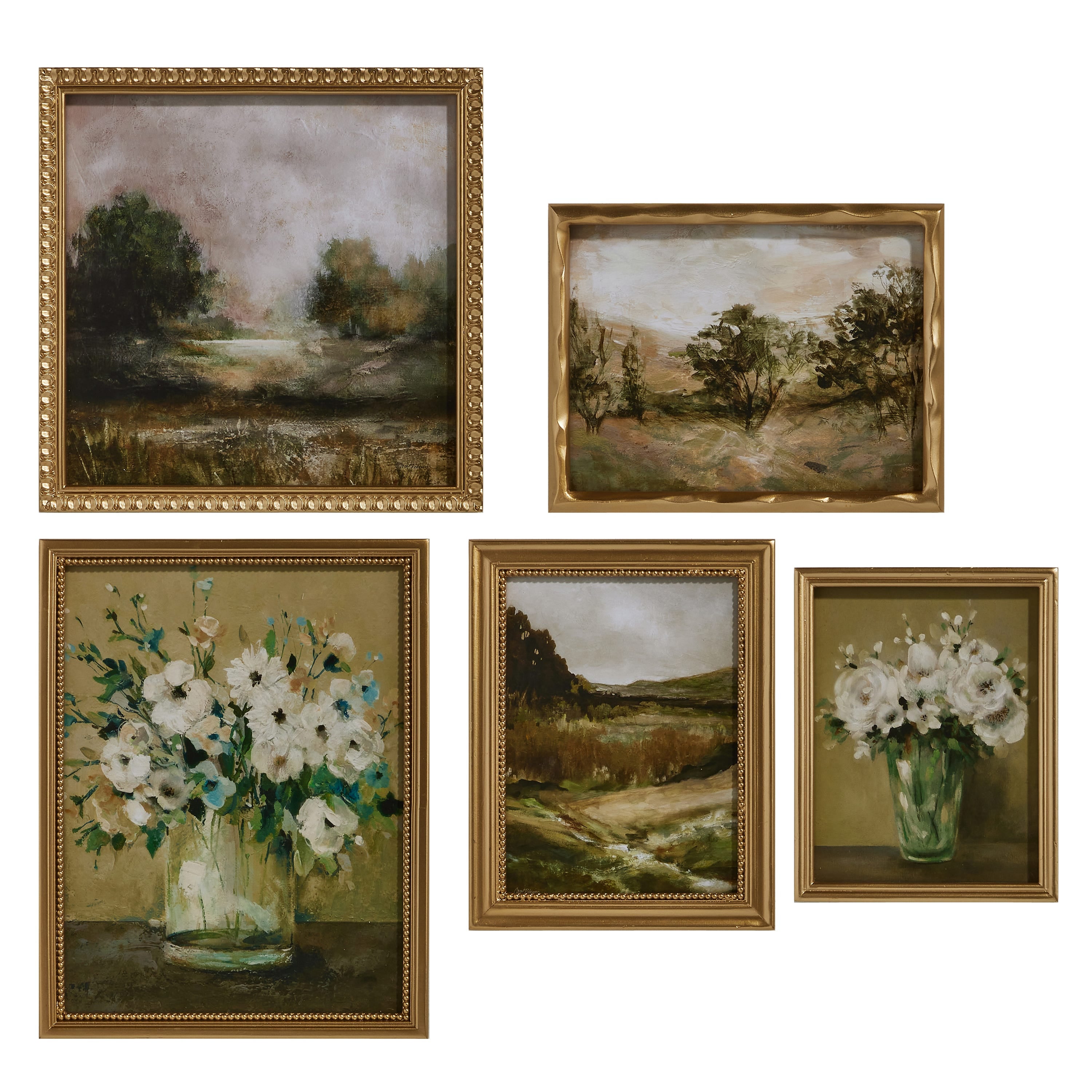 Five framed prints featuring landscapes and floral scenes on a white background.