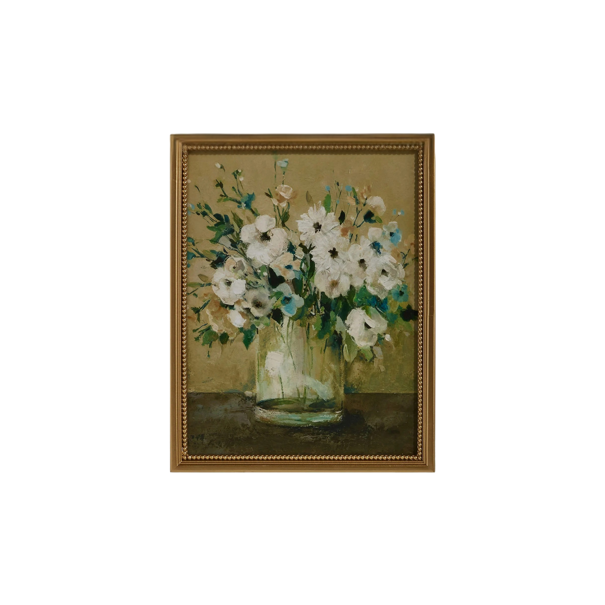 Framed painting of a floral arrangement in a glass vase on a beige background