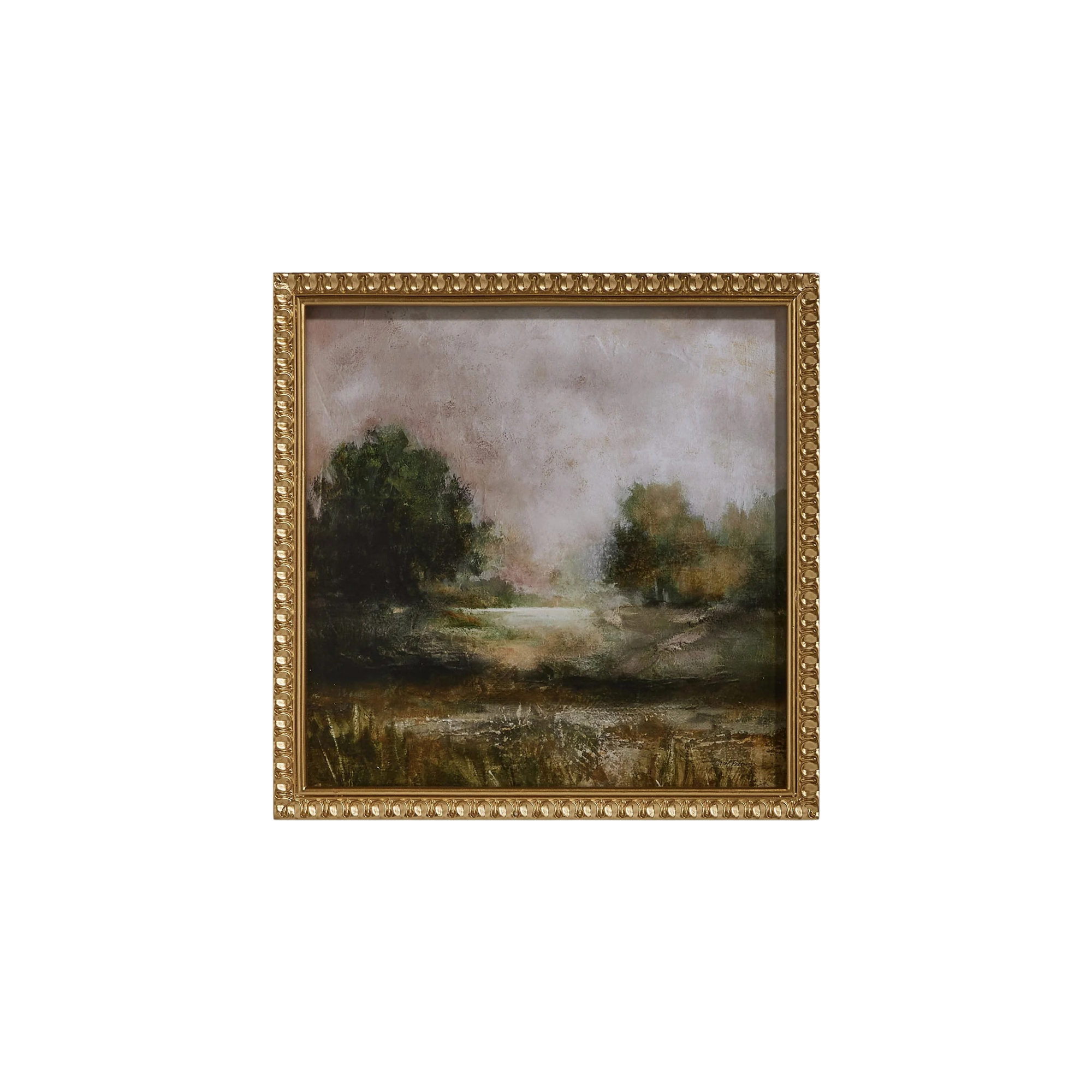 Framed painting of a landscape with trees and a path on a white background