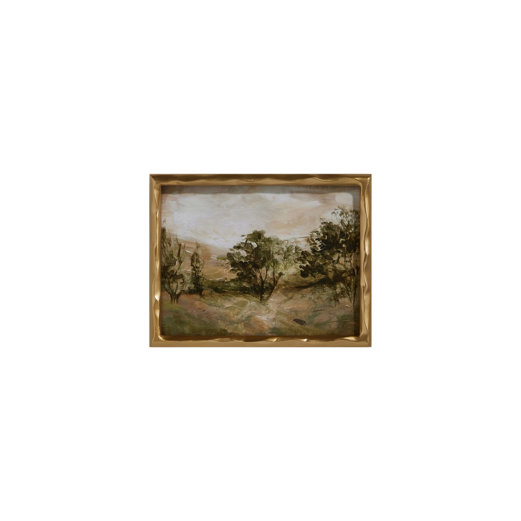 Framed landscape painting with trees and a path on a white background