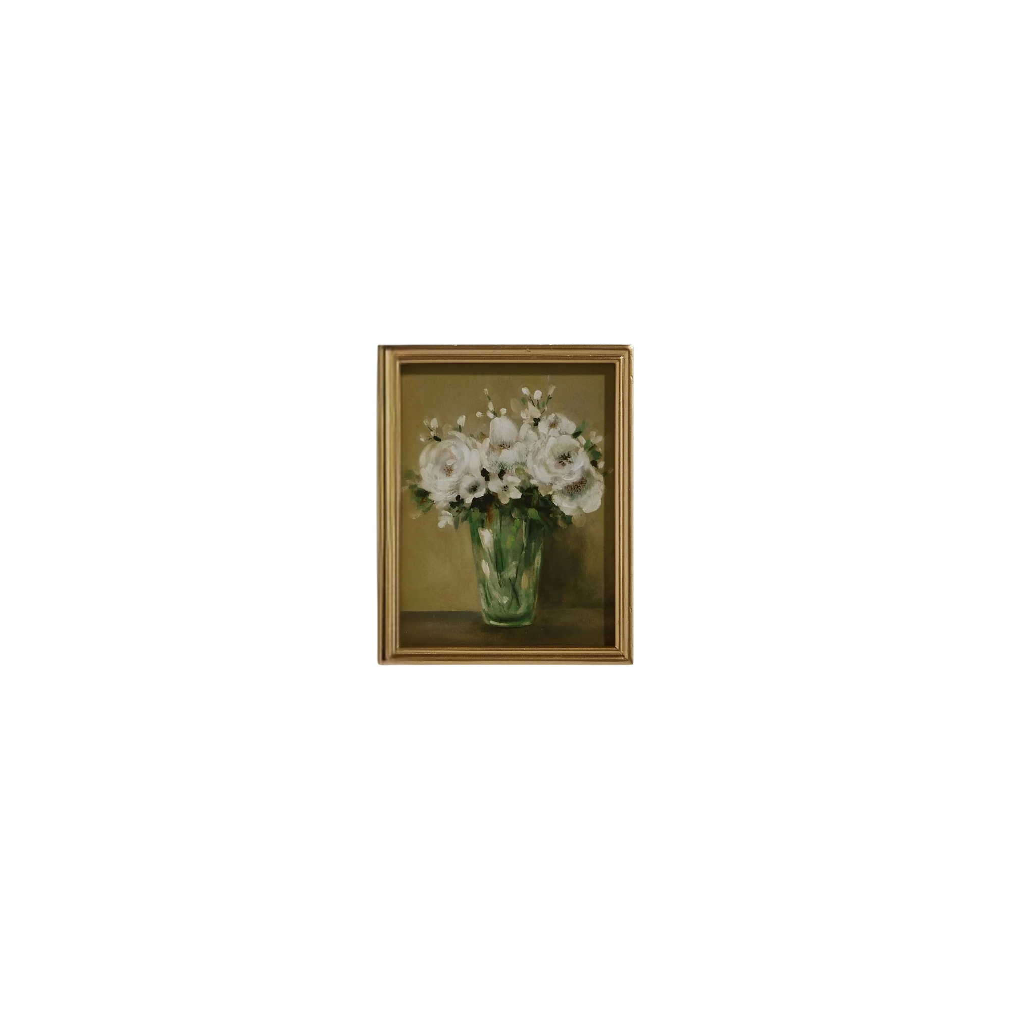 Framed artwork of a bouquet of white flowers in a green vase on a white background