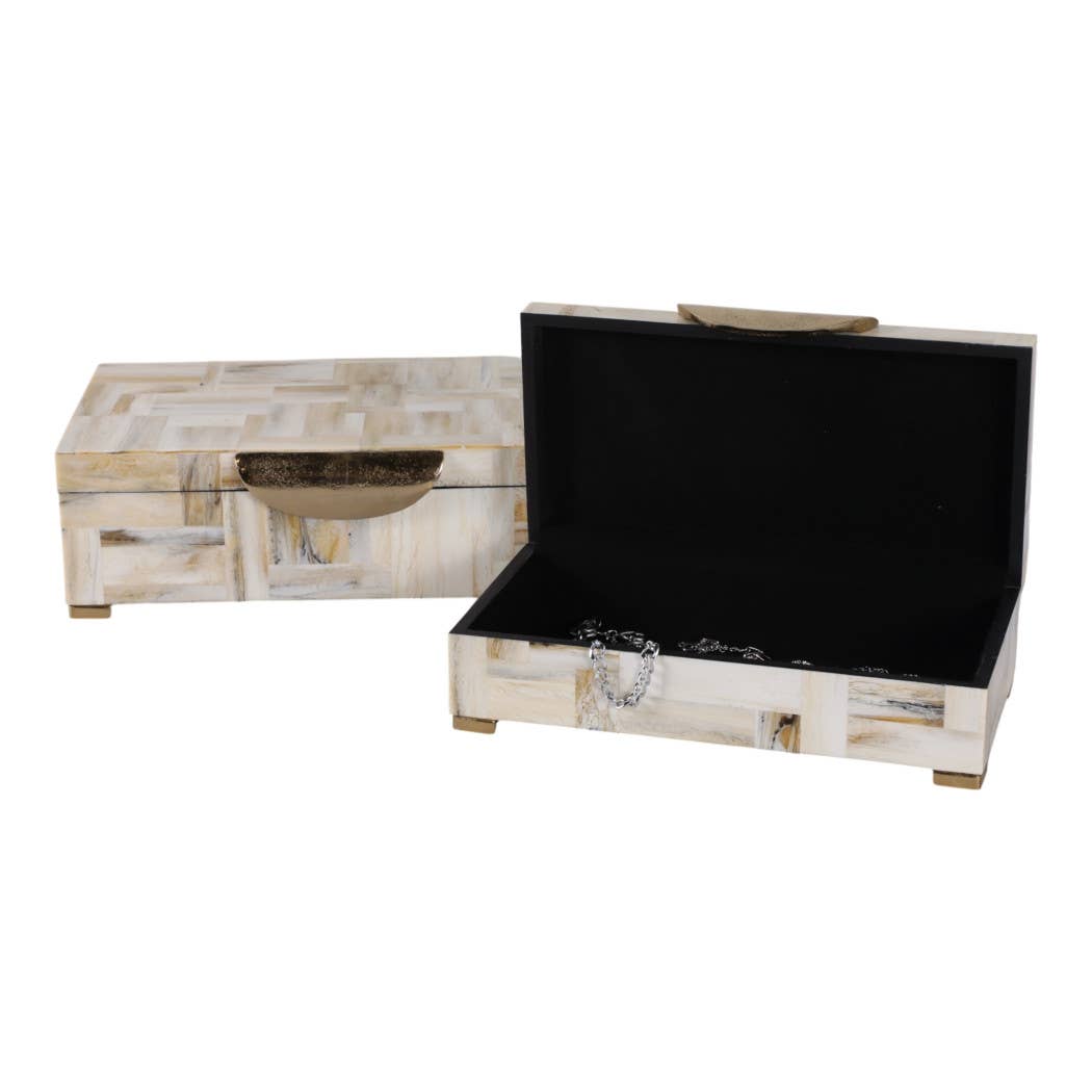 Decorative Boxes Set of 2-Tan Resin Marbled Footed, 12/14 in