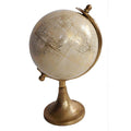 A golden-colored, standalone decorative globe with a solid aluminum base, featuring a detailed map and a metal stand.