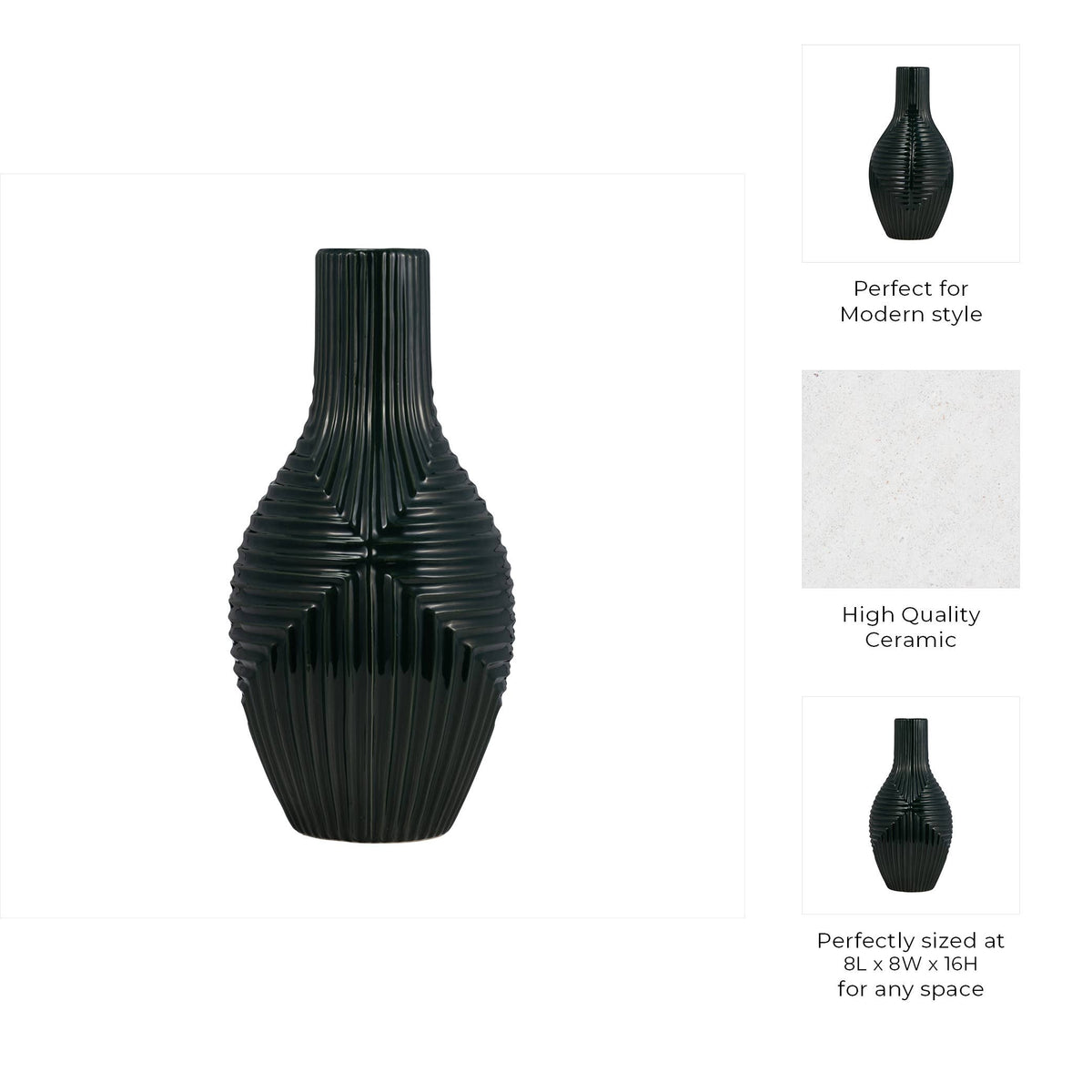 Forest Green Tribal Ribbed Ceramic Vase, 16 in.