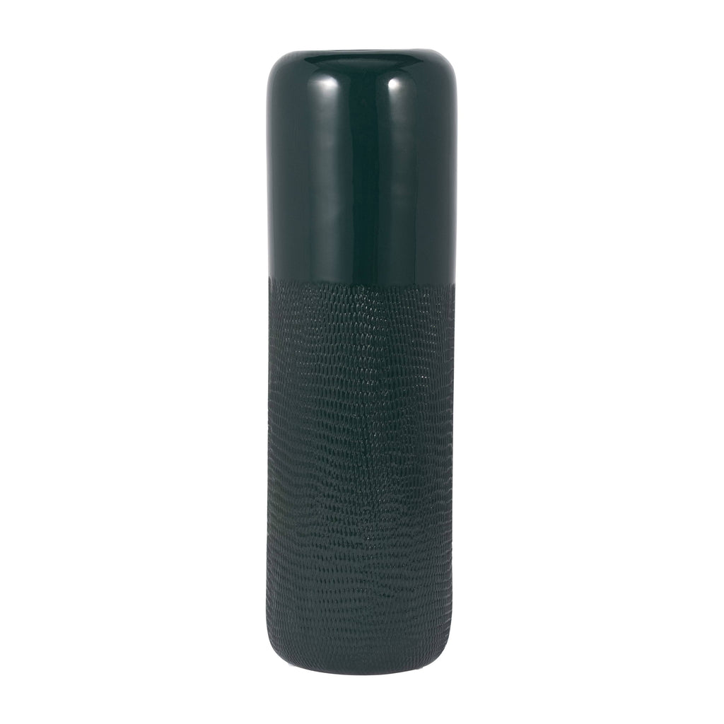 Green Grooved Ceramic Vase with Rounded Rim, 18 in.