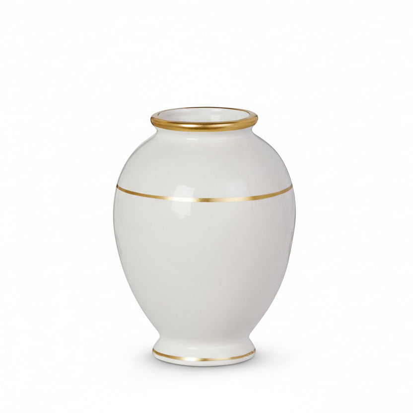 Three white vases with gold rims on a white background