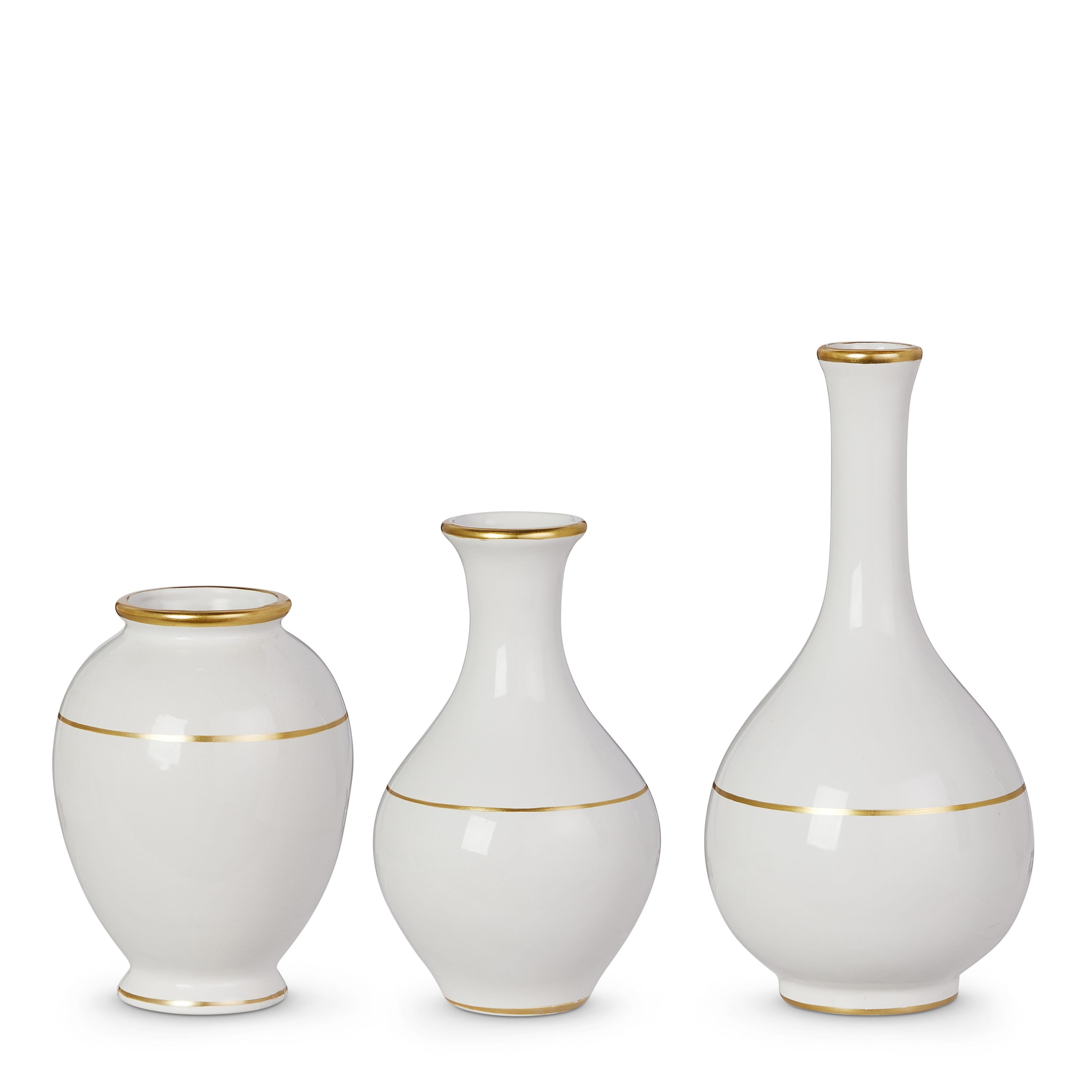 Three white vases with gold rims on a white background