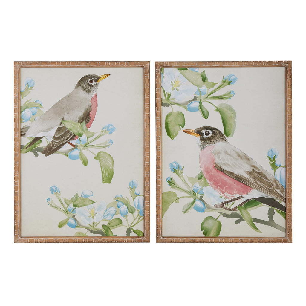 Two framed artworks of birds on branches with leaves and flowers.