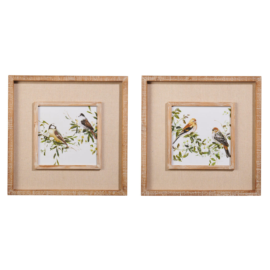 Two framed artworks with bird illustrations on a white background