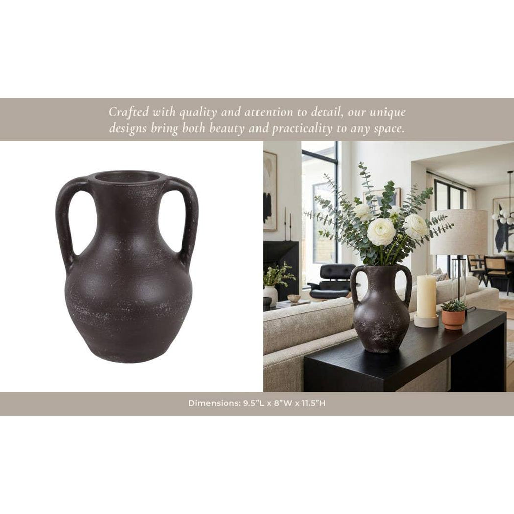 Decorative Vase - Brown Ceramic Rustic Jug with Handles, 11 in.