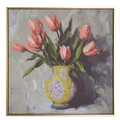 One of Two framed paintings of pink tulips in decorative vases on a white background