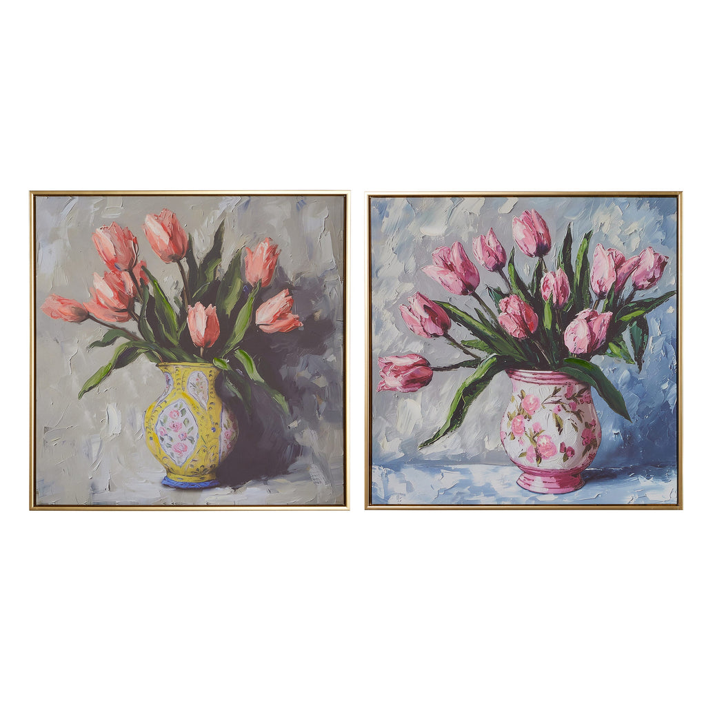 Two framed paintings of pink tulips in decorative vases on a white background