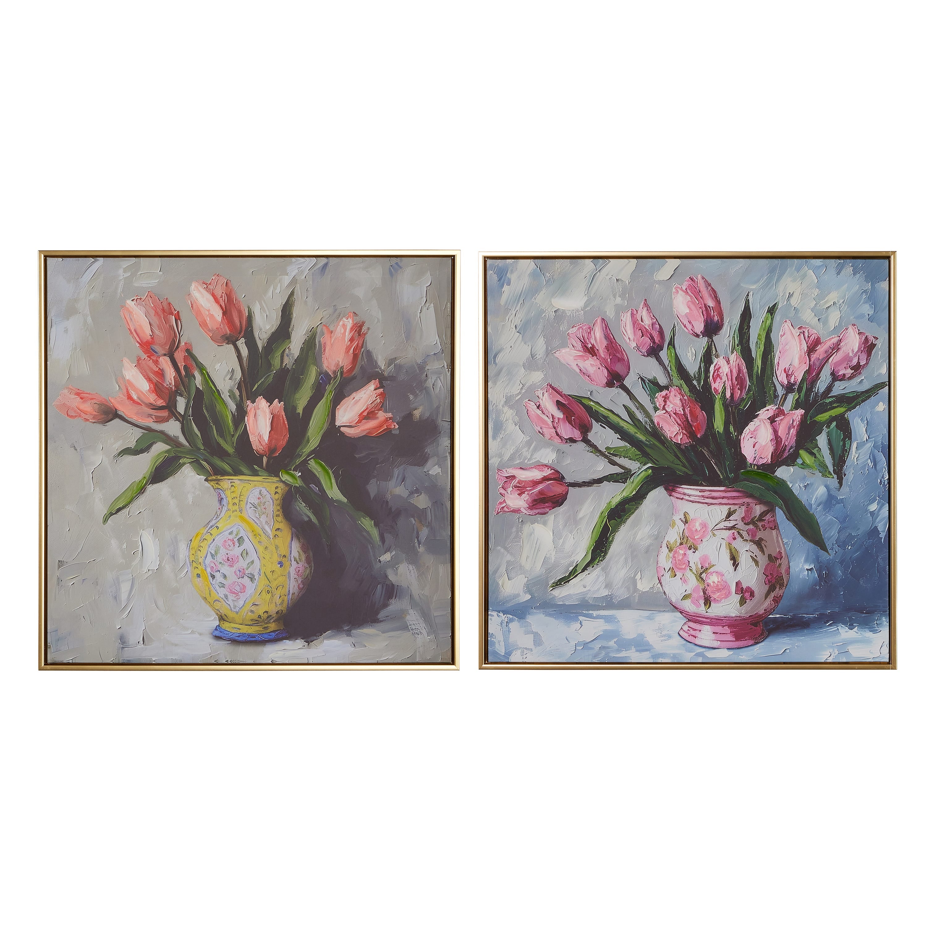 Two framed paintings of pink tulips in decorative vases on a white background