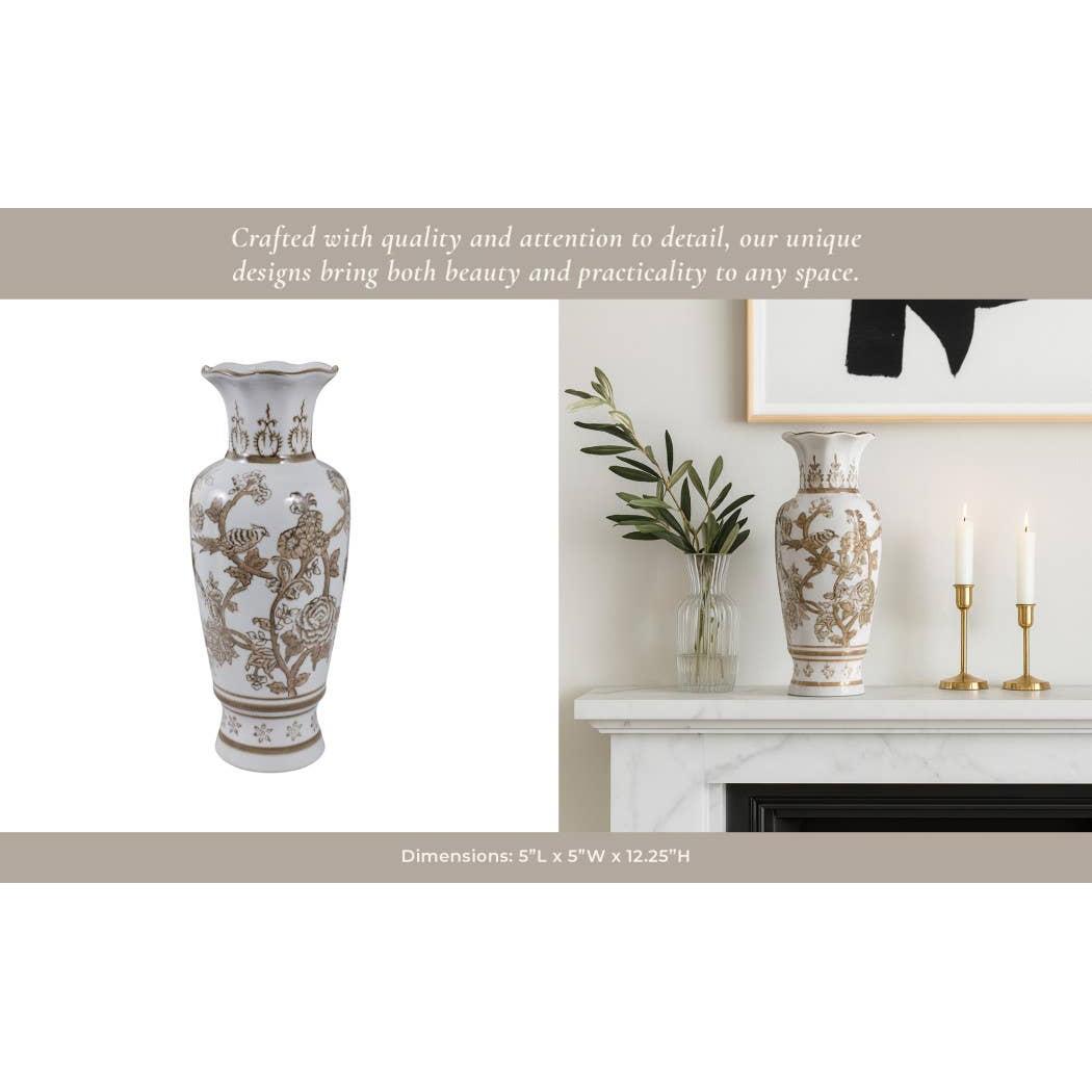 Decorative Vase - Brown/White Ceramic Bird and Vines, 12 in.