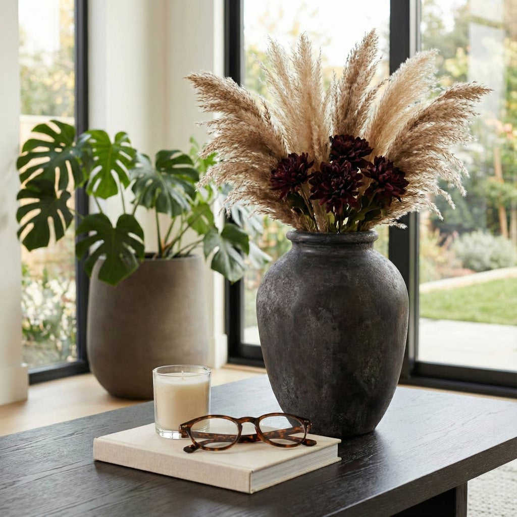 Decorative Vase - Black Ceramic Textured Surface, 12 in.