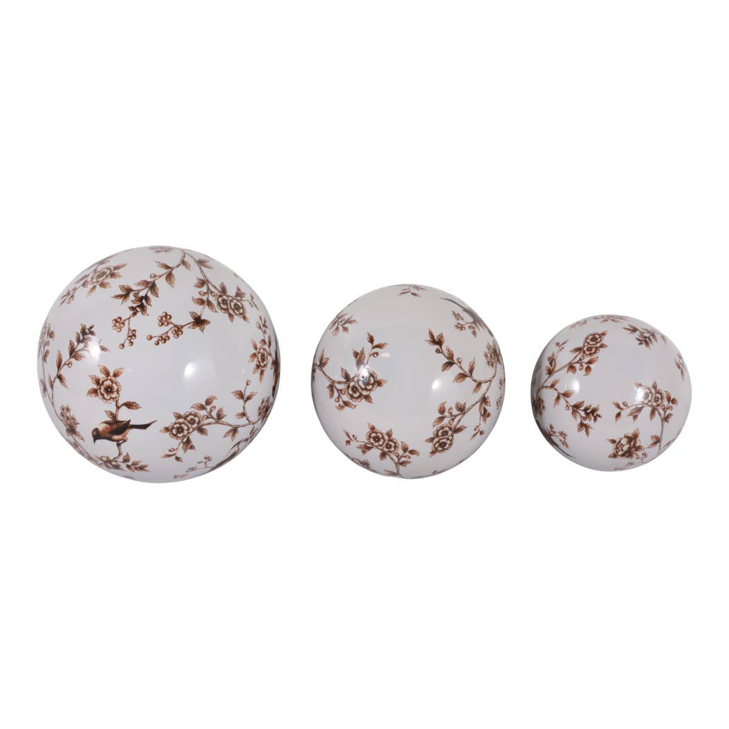 Objects Set of 3 - Brown/White Ceramic Birds Orbs, 4/5/6 in.