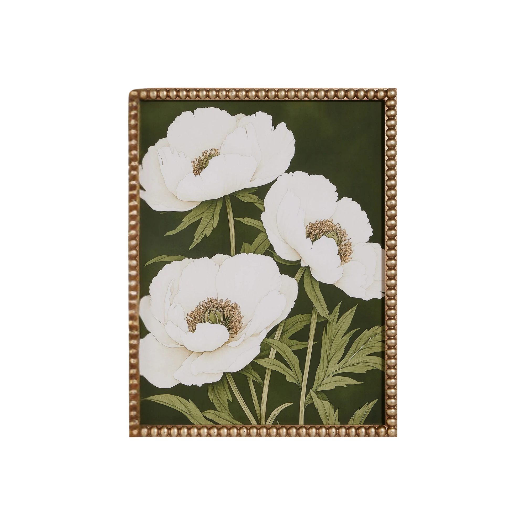 Floral design with white flowers and green leaves on a dark green background, framed in gold.