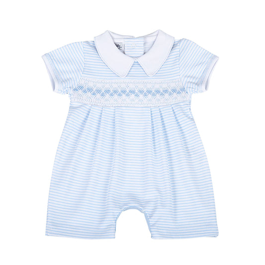 Lilly and Logan Blue Smocked Collared Short Playsuit | Baby Shower Cheyenne Chambliss