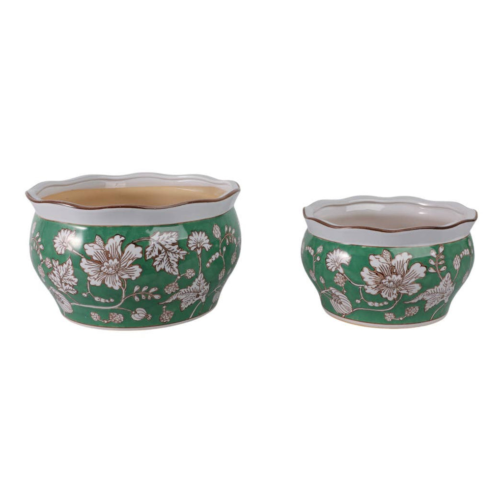 Planters Set of 2 - Green Ceramic Floral Vines, 10/12 in.