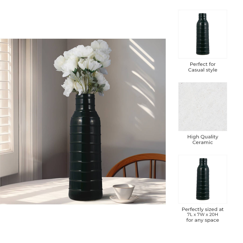 Forest Green Vertically Ribbed Ceramic Vase, 20 in.