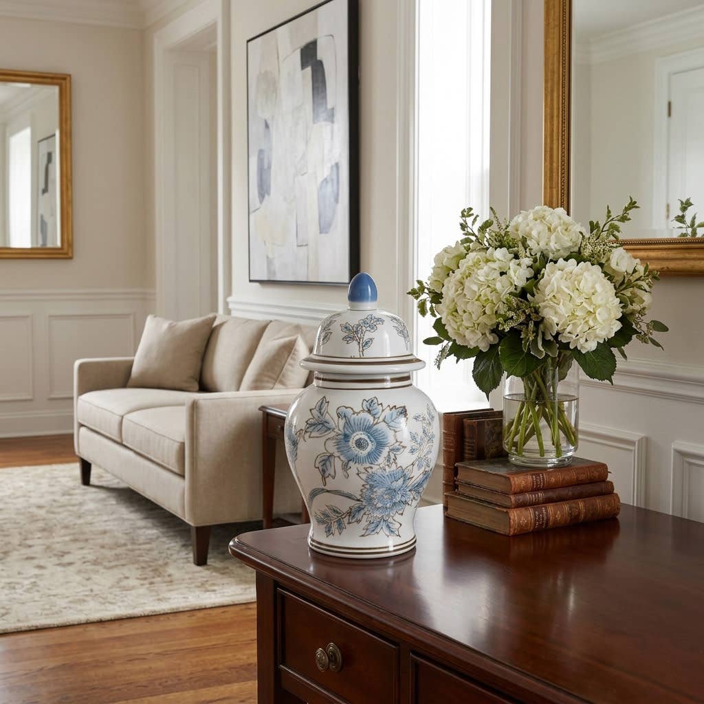 Decorative Jar - Blue/Brown Ceramic Floral Chinoiserie, 11 in.