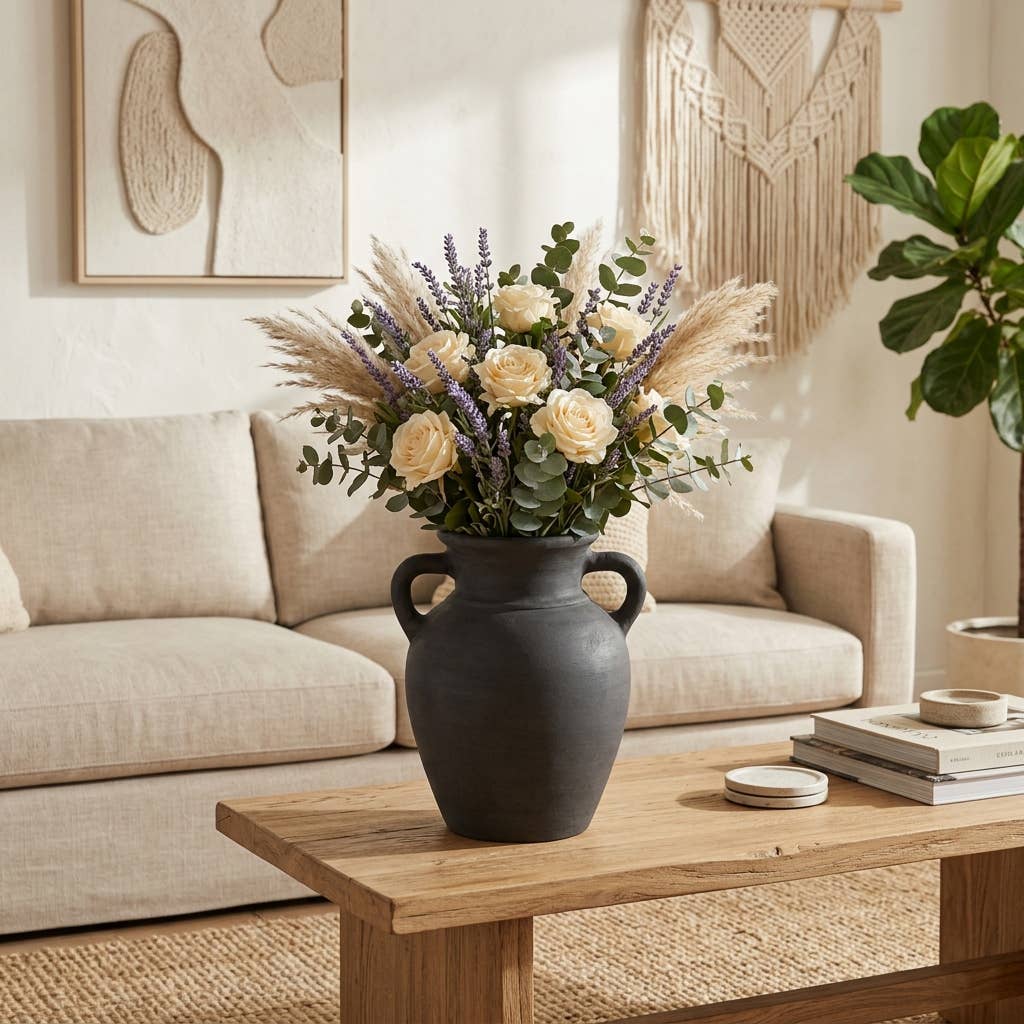 Decorative Vase - Black Ceramic Amphora with Handles, 9 in.