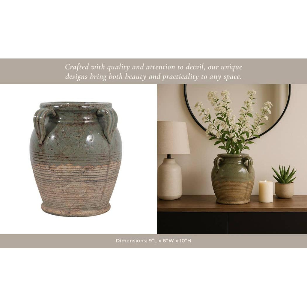 Decorative Vase - Green Ceramic Amphora with Handles, 9 in.