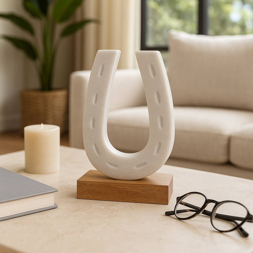 White and Brown Marble Horseshoe Figurine on Wood Base, 8 in.