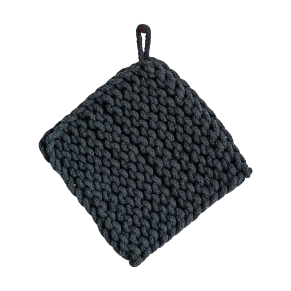 Four knitted pot holders in brown, green, black, and gray on a white background