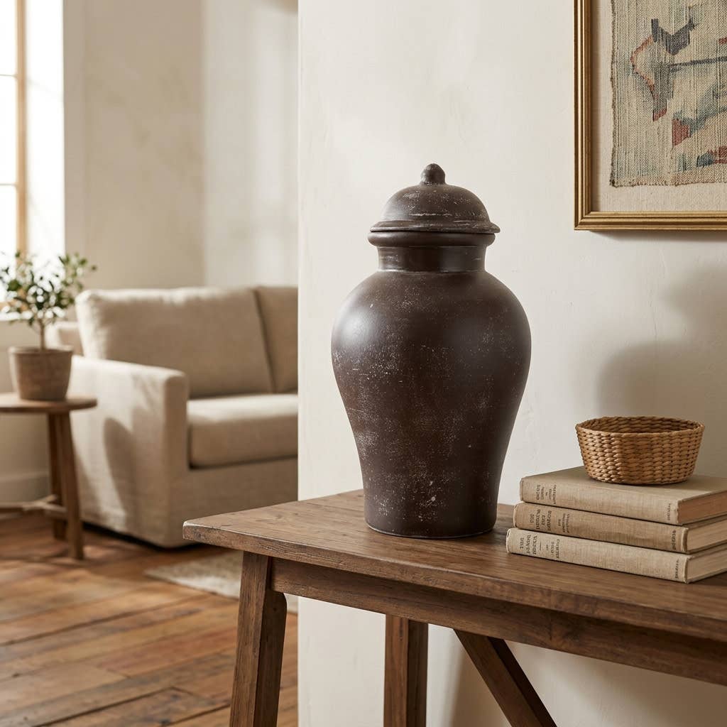 Decorative Jar - Brown Terracotta Container with Lid, 19 in.